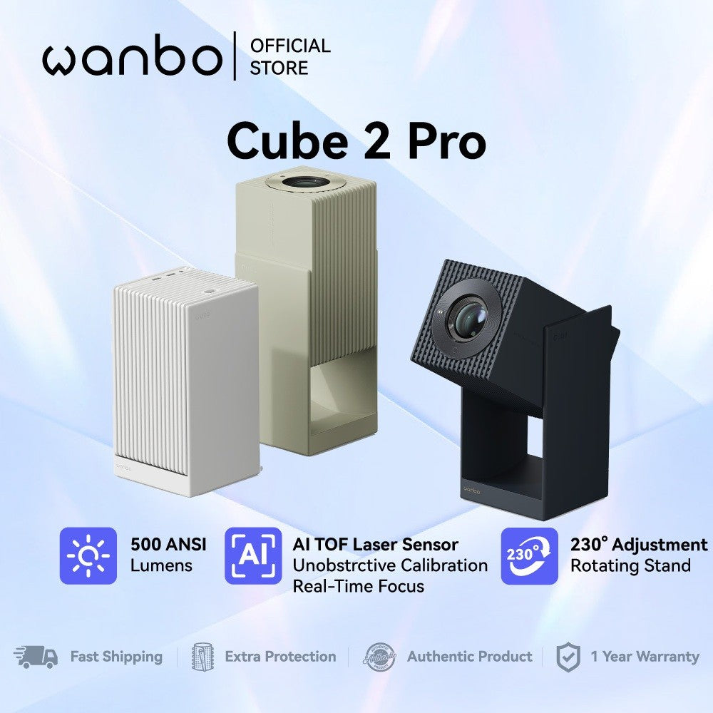 Wanbo Cube 2 Pro Projector with 230° Gimbal | 500 ANSI Lumens | ToF Laser Sensor | Seamless Calibration | Android TV